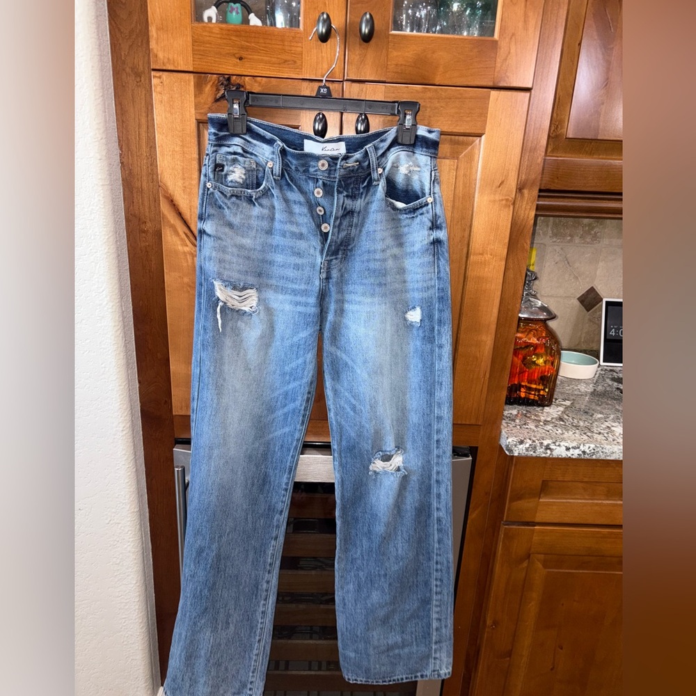 KanCan Women's Straight Leg Distressed Light Blue Jeans